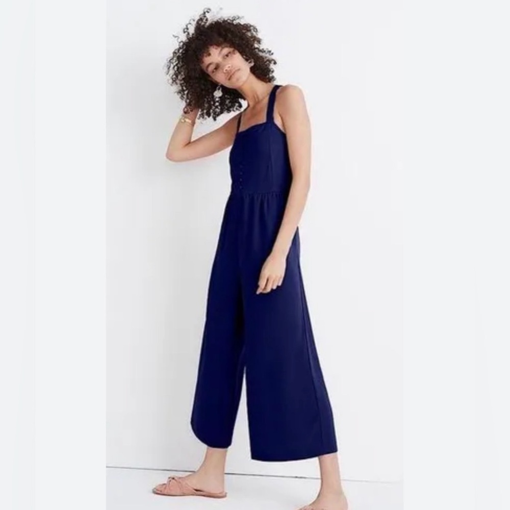 Madewell Women’s 2 Navy Blue Sleeveless Smocked Wide Leg Cropped Jumpsuit - Picture 2 of 13